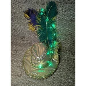 Adult Green Light Up Mardi Gras Gold Top Hat Feathers Halloween Costume Unisex